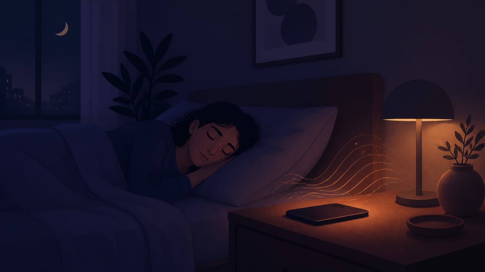A person asleep in a dark bedroom, soft sound waves drifting from a phone on the nightstand