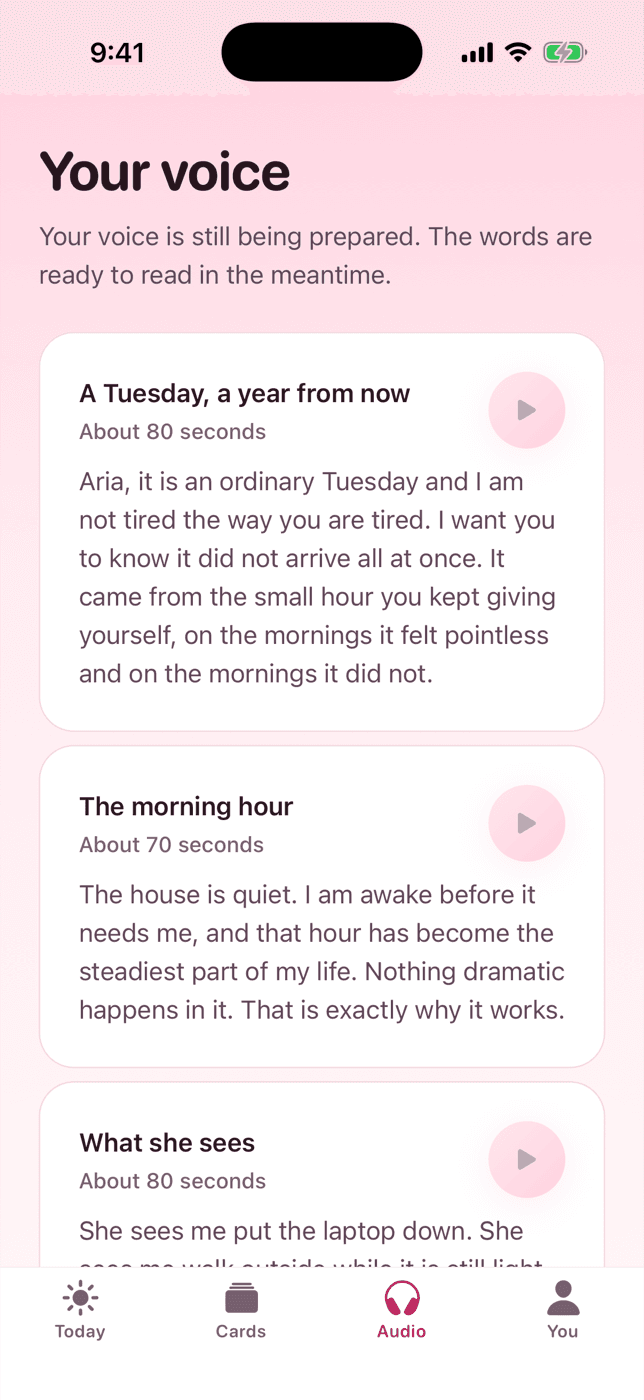Luma's Audio screen showing a message from the user's future self