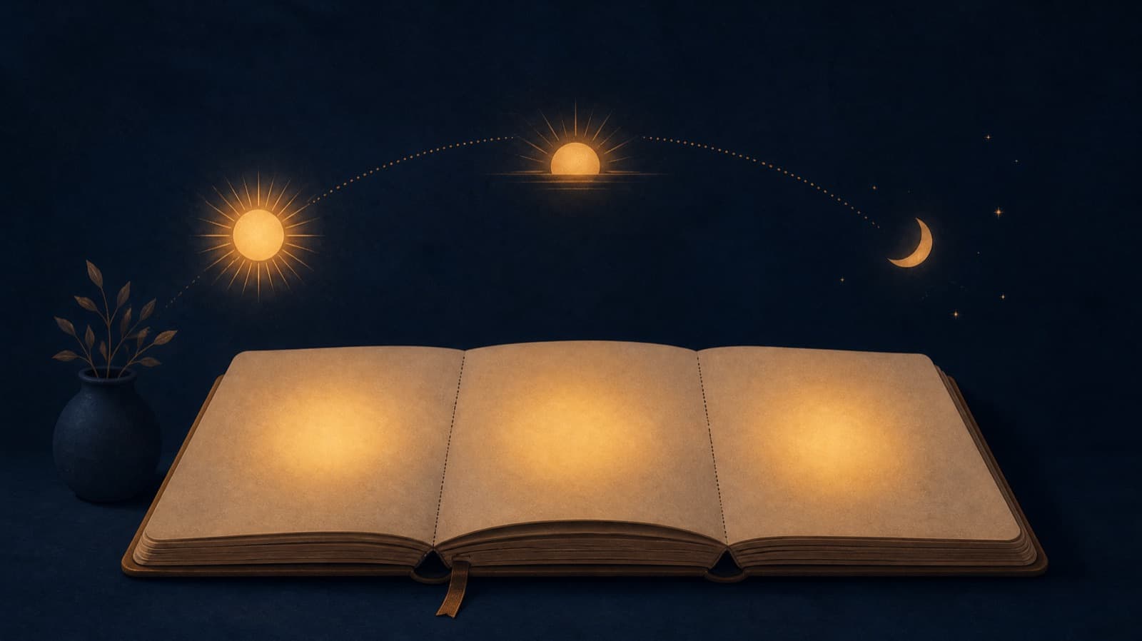 An open journal with a sun, a lower sun and a moon arcing above it on a dark background