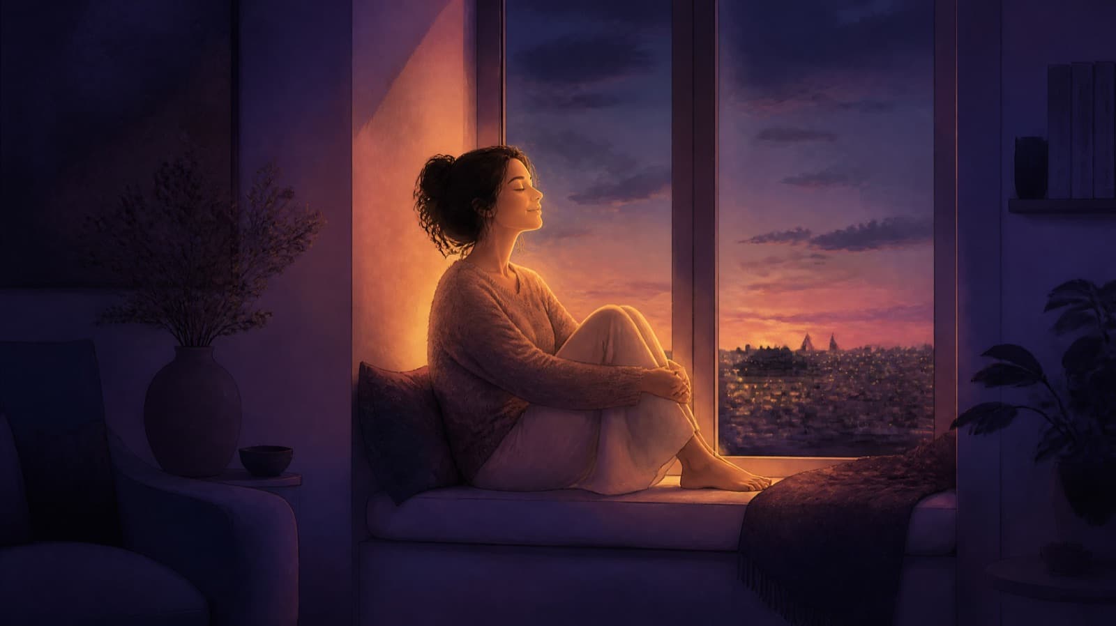A woman sitting calmly by a window at dusk, a warm glow around her