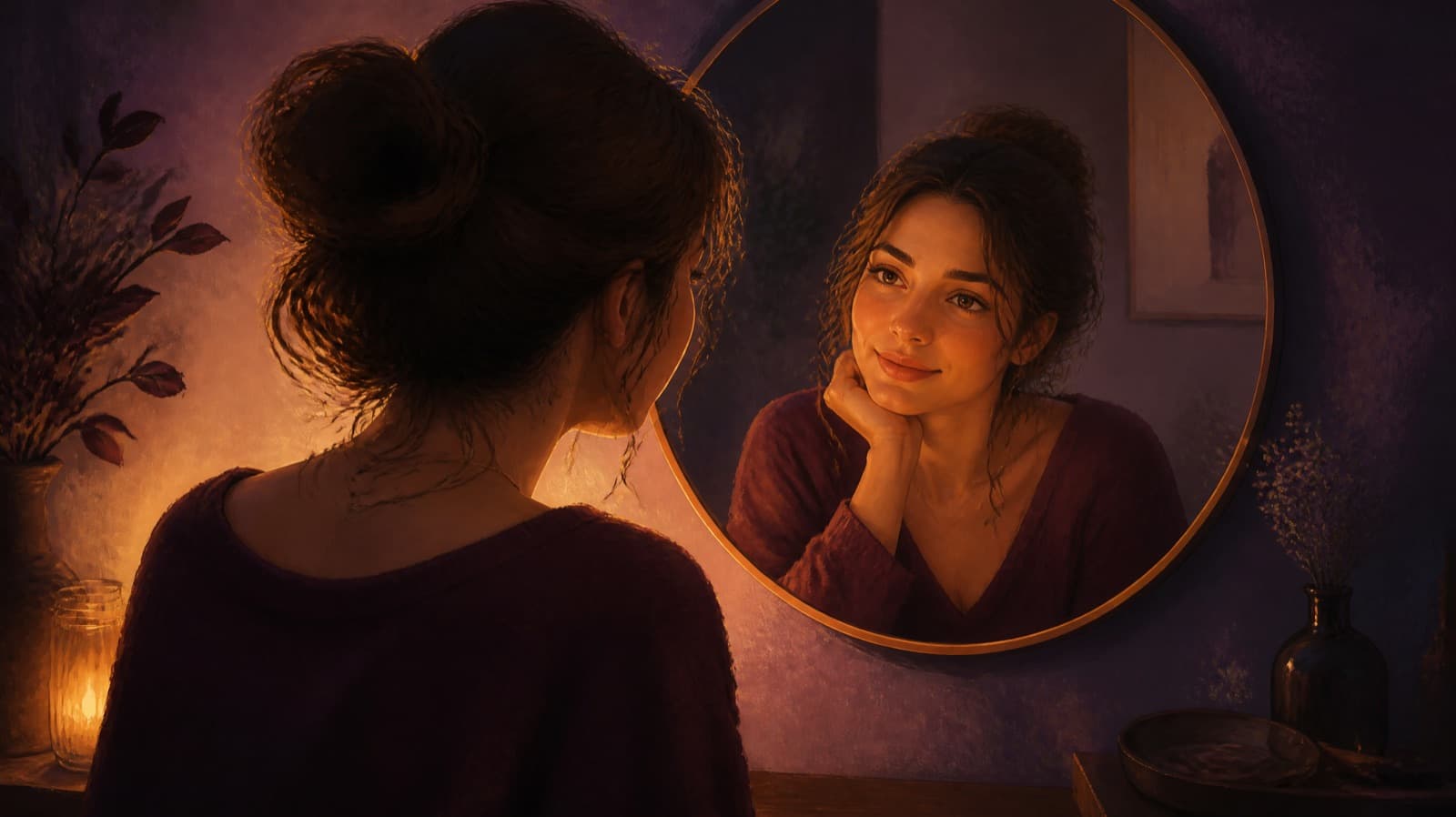 A young woman looking kindly at her reflection in a round mirror, warm light on her face