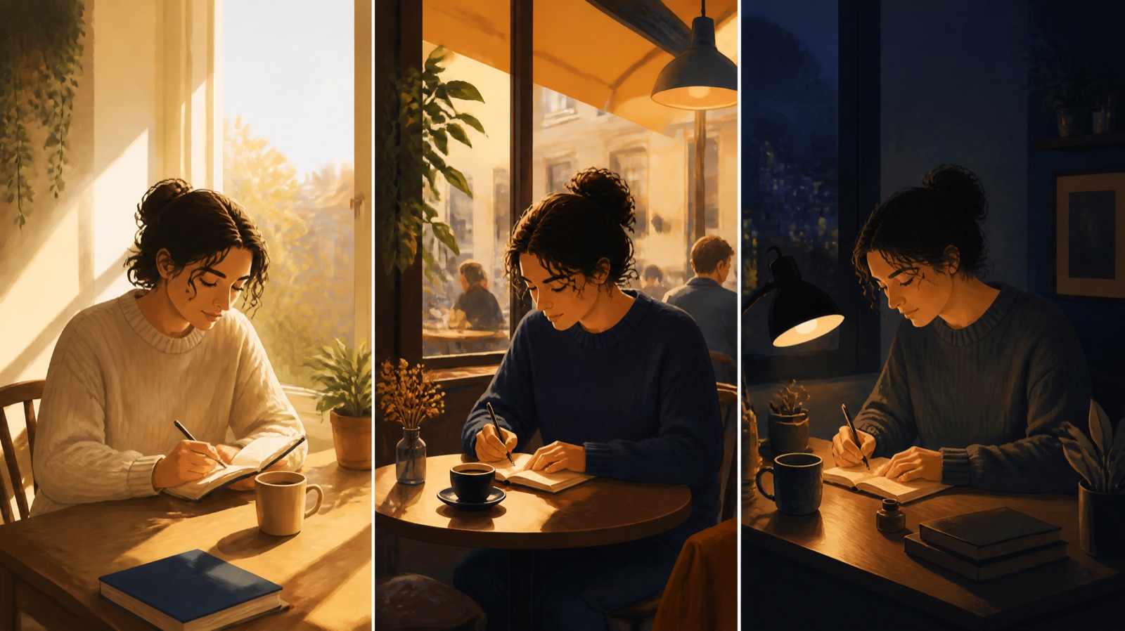 Three moments of one day: writing by a window in the morning, at a café in the afternoon, by lamplight at night