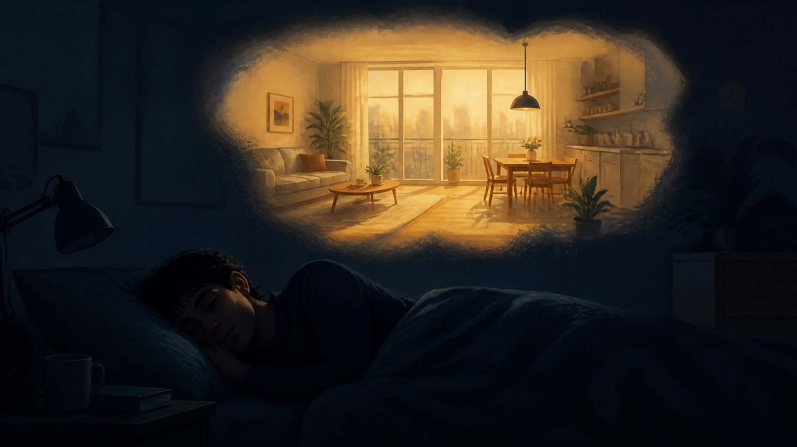 A person in bed at night, half asleep, a small warm dream-like scene glowing above them