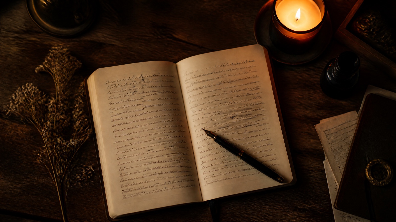 An open handwritten journal with a fountain pen beside a candle on a dark wooden table