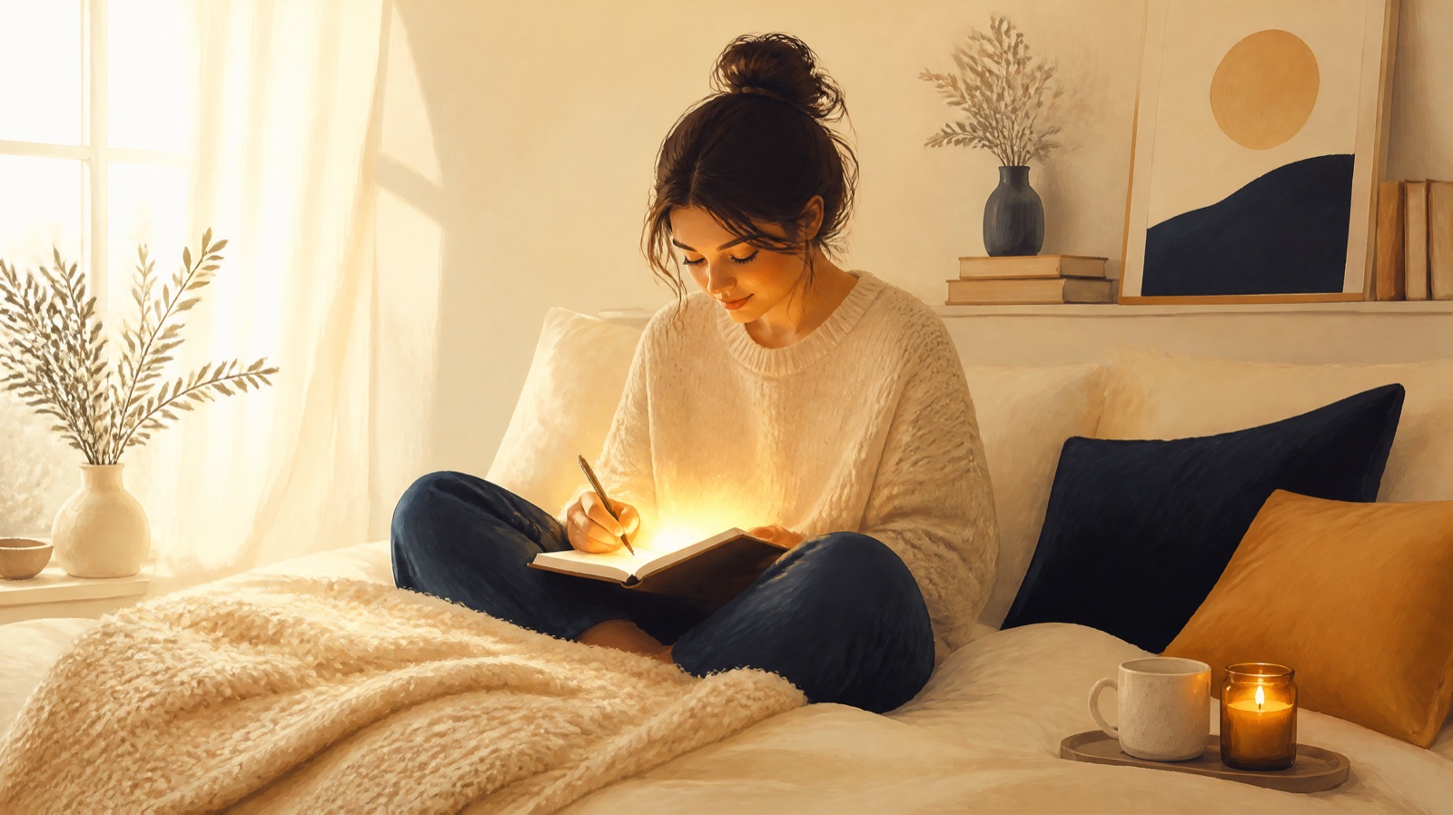 A woman journaling on her bed in soft morning light, a gentle glow rising from the page