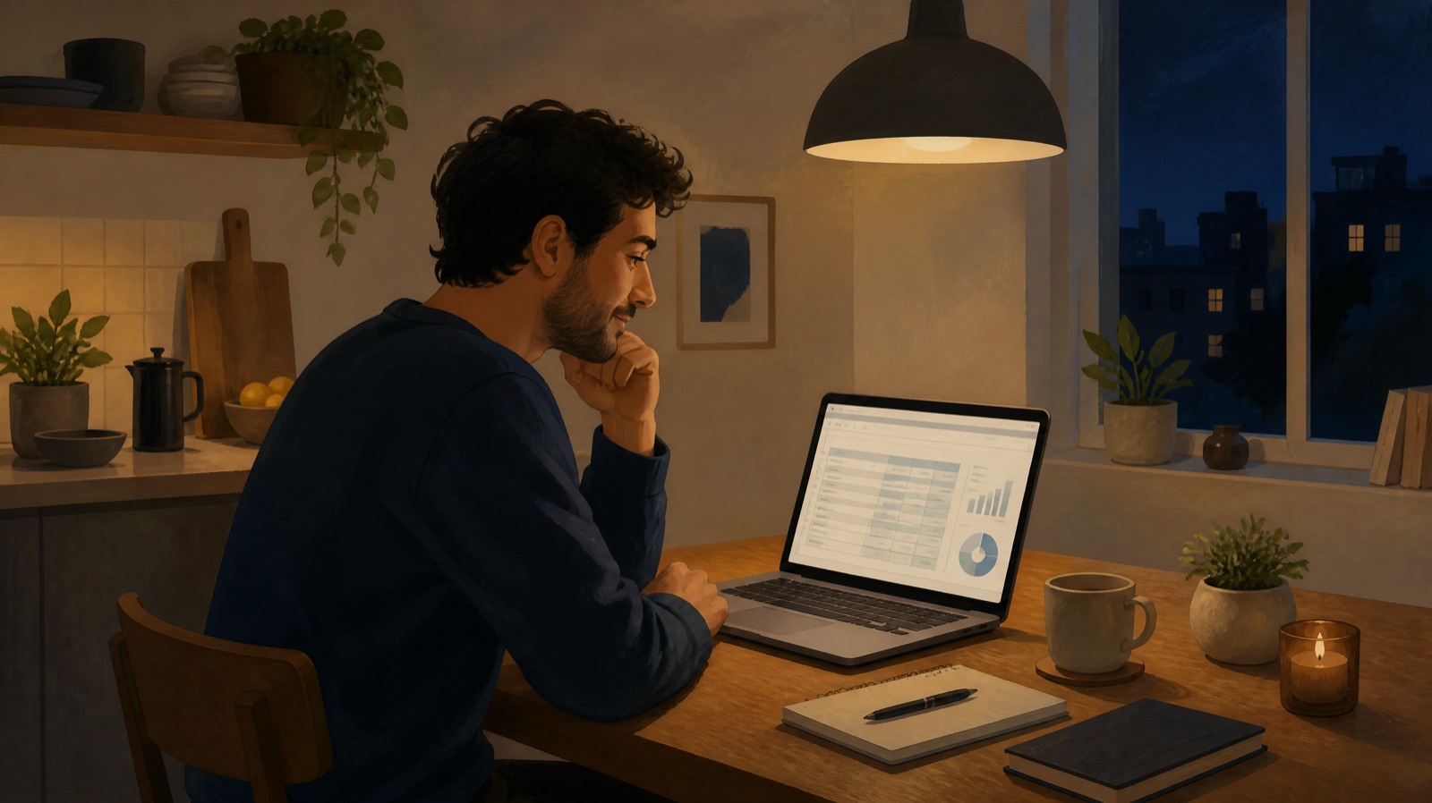 A person calmly looking at a budget on a laptop at a kitchen table in the evening