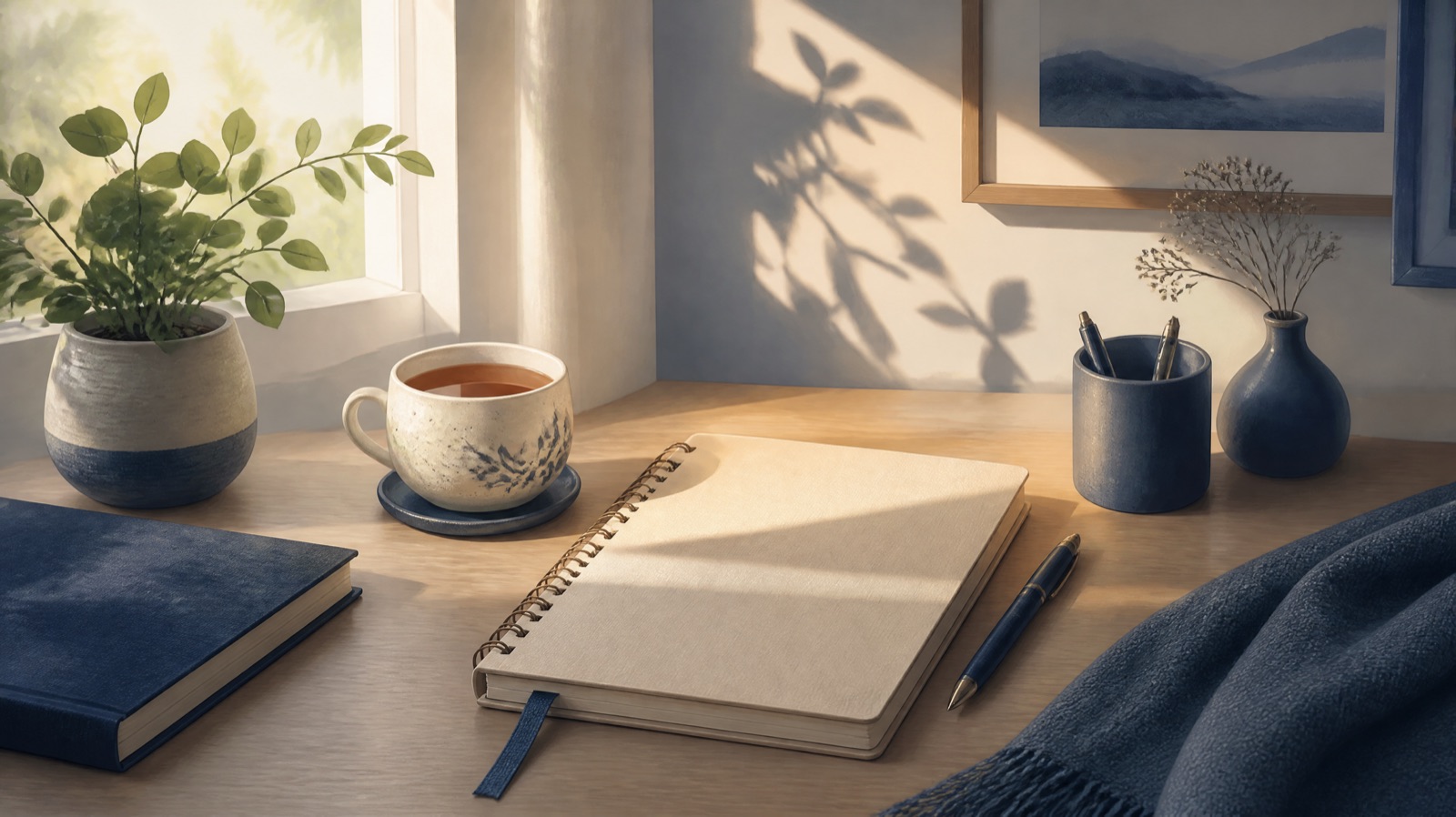 A tidy desk in the morning with a notebook, tea and a plant, a sunbeam across the page