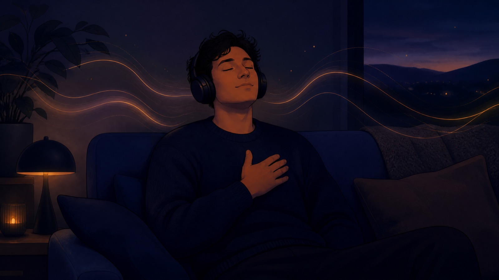 A person on a sofa with headphones on, hand on chest, eyes closed, soft sound waves around them