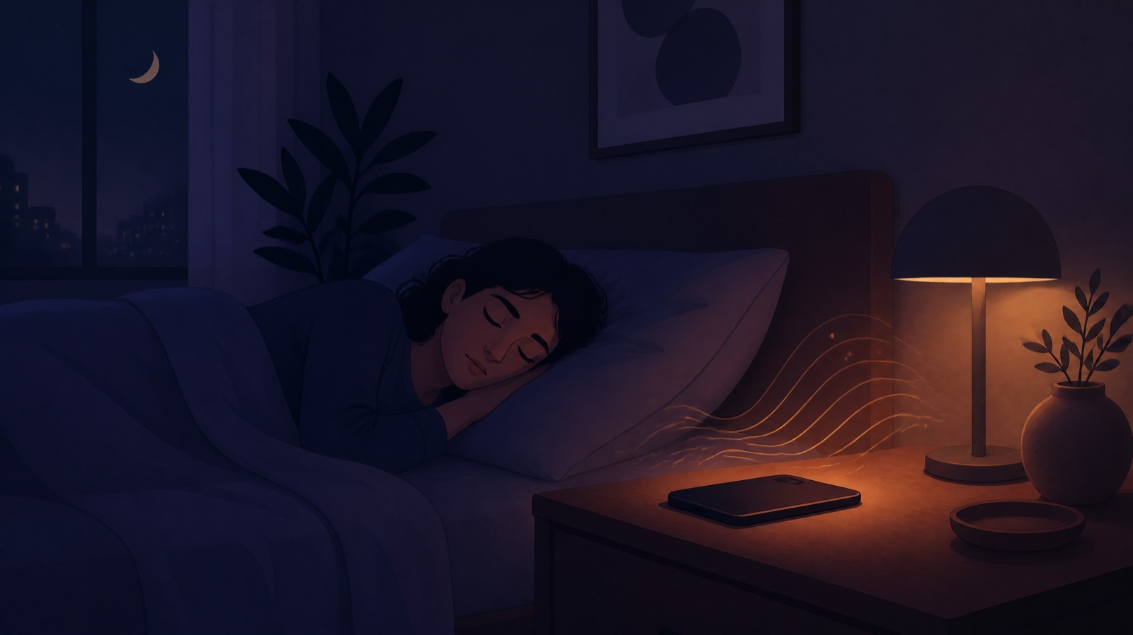 A person asleep in a dark bedroom, soft sound waves drifting from a phone on the nightstand