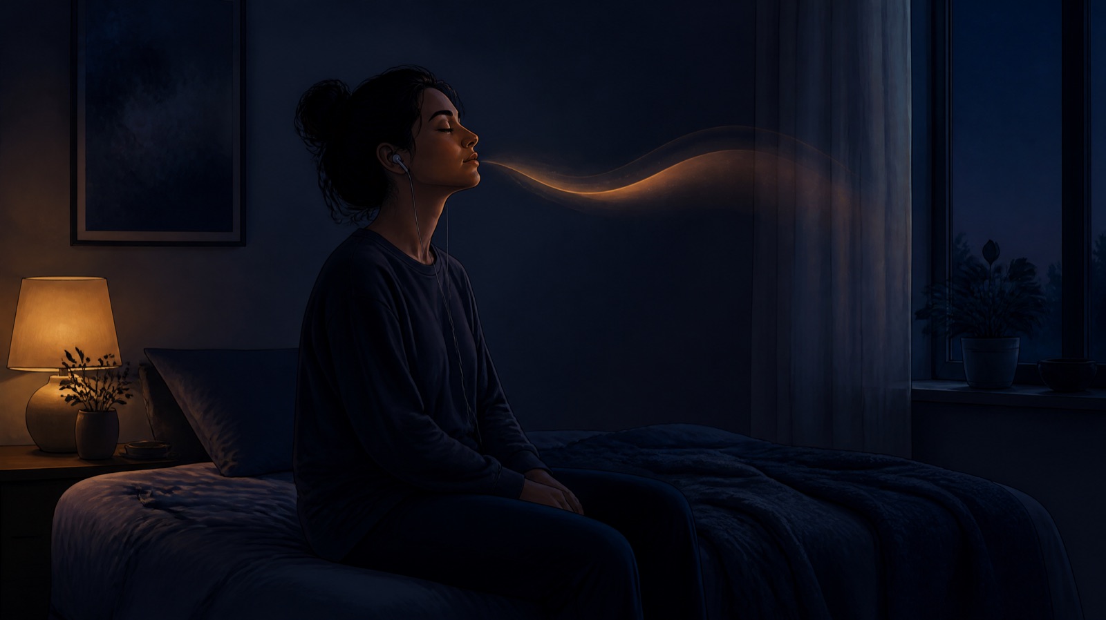 A woman sitting on the edge of her bed at night with earbuds in, eyes closed, a calm breath drawn as a soft curve