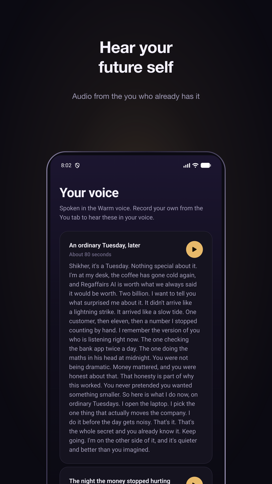 Luma's audio screen with messages from your future self